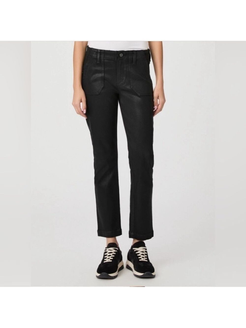 NWT. Paige Mayslie Straight Leg Ankle Luxe Coated Jeans in Black Fog Siz…